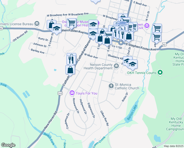 map of restaurants, bars, coffee shops, grocery stores, and more near 101 Rosewood Drive in Bardstown