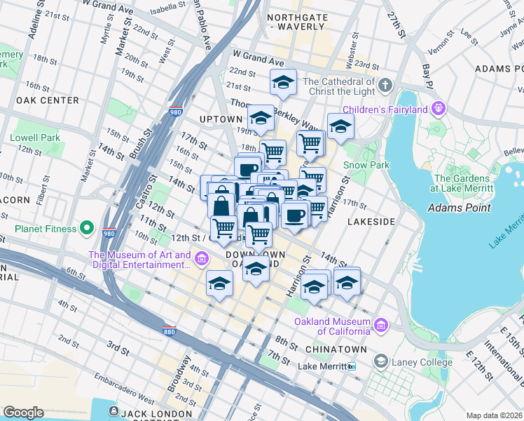 map of restaurants, bars, coffee shops, grocery stores, and more near 1440 Broadway in Oakland