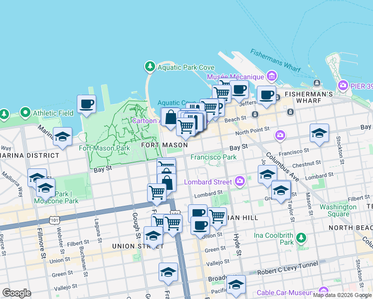 map of restaurants, bars, coffee shops, grocery stores, and more near 3030 Polk Street in San Francisco