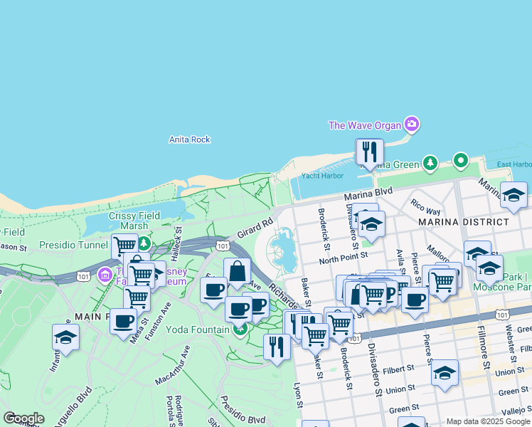 map of restaurants, bars, coffee shops, grocery stores, and more near 2110 Old Mason Street in San Francisco