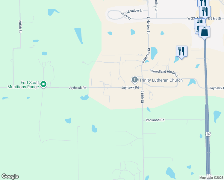 map of restaurants, bars, coffee shops, grocery stores, and more near 2126 Jayhawk Road in Fort Scott