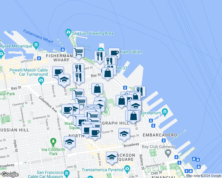 map of restaurants, bars, coffee shops, grocery stores, and more near 1698 Montgomery St in San Francisco