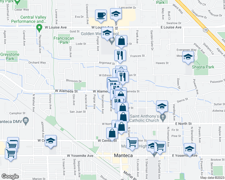 map of restaurants, bars, coffee shops, grocery stores, and more near 175 West Alameda Street in Manteca