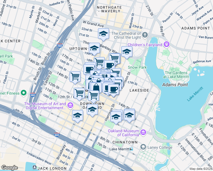 map of restaurants, bars, coffee shops, grocery stores, and more near in Oakland