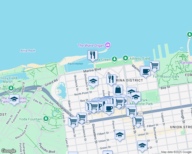 map of restaurants, bars, coffee shops, grocery stores, and more near Scott St & Jefferson St in San Francisco