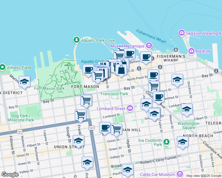 map of restaurants, bars, coffee shops, grocery stores, and more near 851 Bay Street in San Francisco