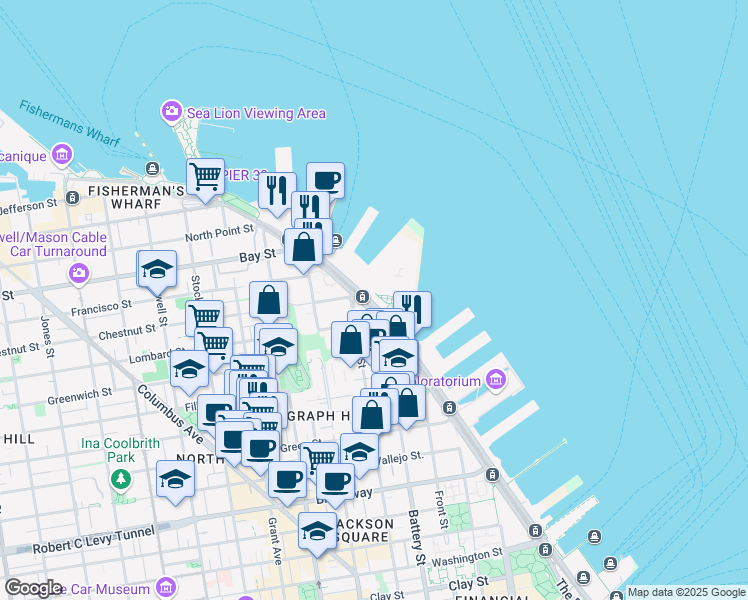 map of restaurants, bars, coffee shops, grocery stores, and more near 29 San Francisco Pier 33 - Alcatraz Island in San Francisco