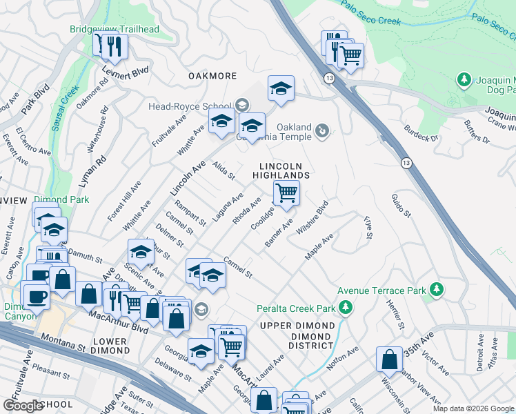 map of restaurants, bars, coffee shops, grocery stores, and more near 4120 Rhoda Avenue in Oakland