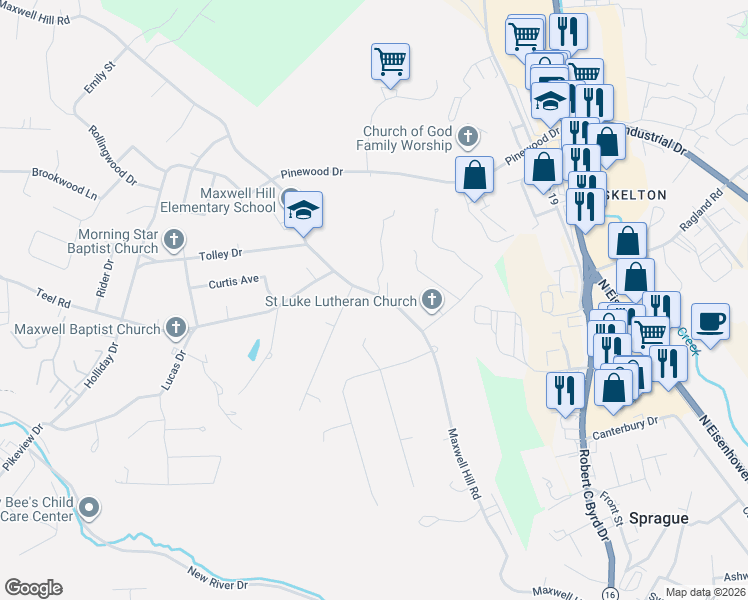 map of restaurants, bars, coffee shops, grocery stores, and more near 711 Maxwell Hill Road in Beckley