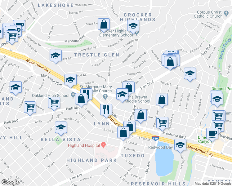 map of restaurants, bars, coffee shops, grocery stores, and more near 3770 Park Boulevard Way in Oakland