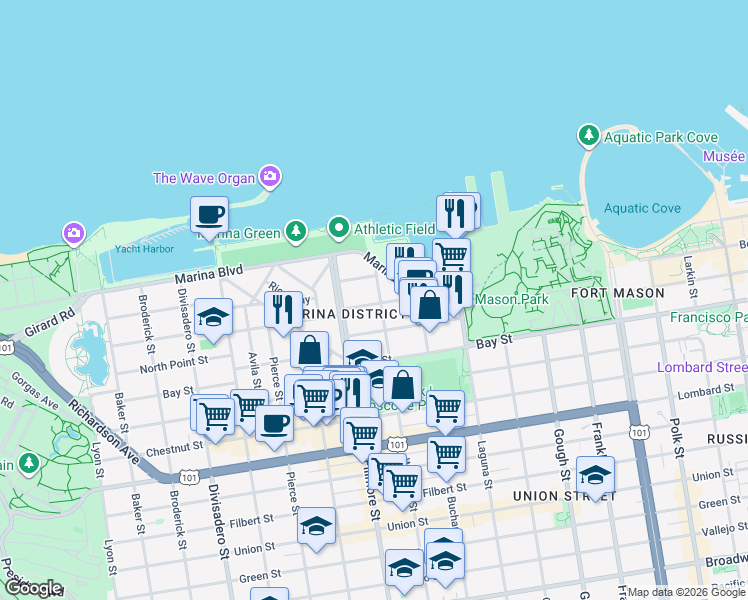 map of restaurants, bars, coffee shops, grocery stores, and more near 1631 Beach Street in San Francisco