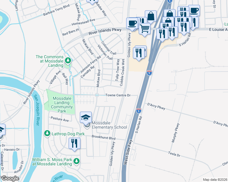 map of restaurants, bars, coffee shops, grocery stores, and more near 231 Towne Centre Drive in Lathrop