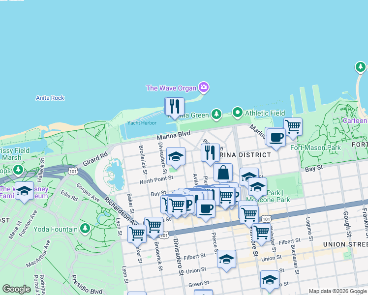 map of restaurants, bars, coffee shops, grocery stores, and more near 2 Prado Street in San Francisco