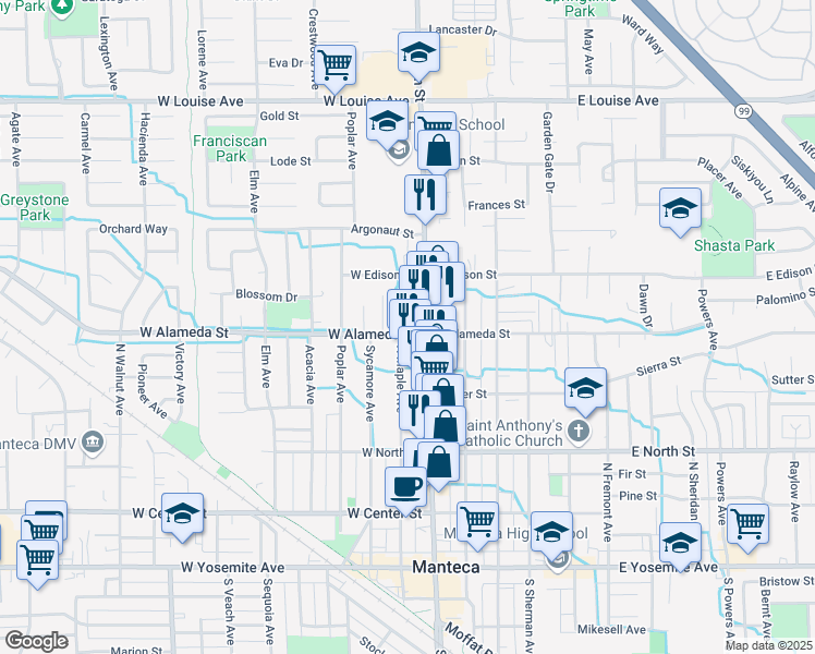 map of restaurants, bars, coffee shops, grocery stores, and more near 173 West Alameda Street in Manteca