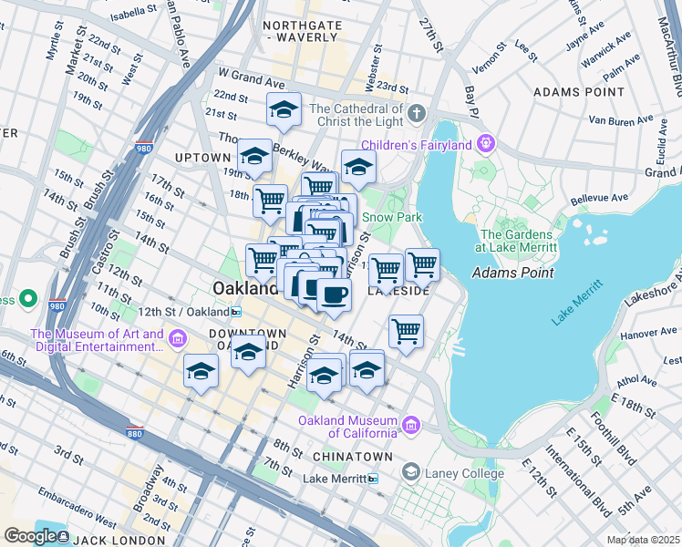 map of restaurants, bars, coffee shops, grocery stores, and more near 1619 Harrison Street in Oakland