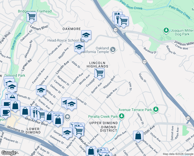 map of restaurants, bars, coffee shops, grocery stores, and more near 4108 Coolidge Avenue in Oakland