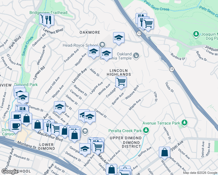 map of restaurants, bars, coffee shops, grocery stores, and more near 4036 Rhoda Avenue in Oakland