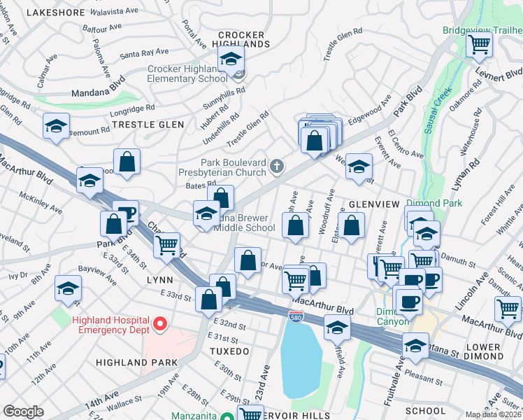 map of restaurants, bars, coffee shops, grocery stores, and more near 3838 Brighton Avenue in Oakland