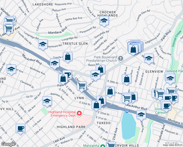 map of restaurants, bars, coffee shops, grocery stores, and more near 3746 Park Boulevard in Oakland