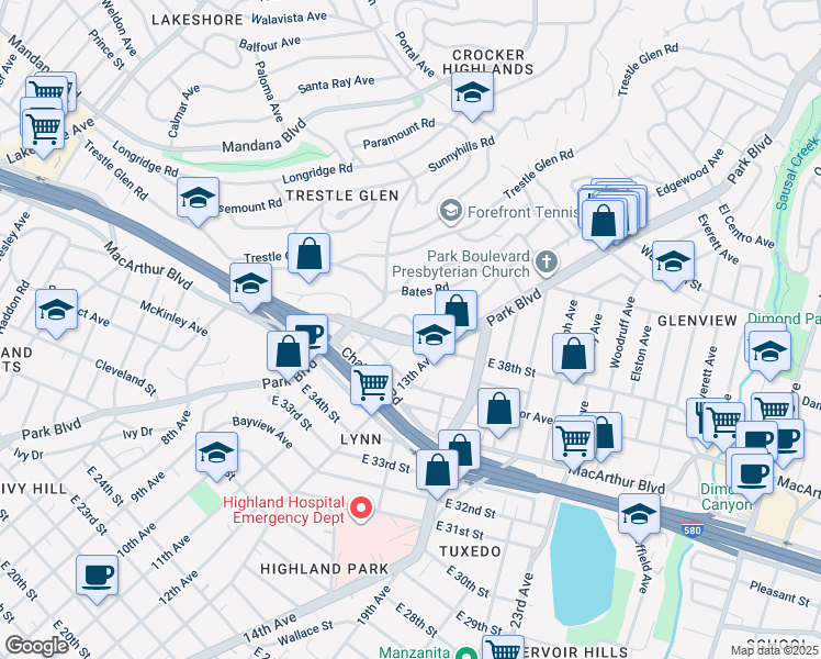 map of restaurants, bars, coffee shops, grocery stores, and more near 3746 Park Boulevard in Oakland