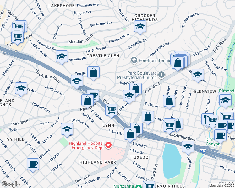 map of restaurants, bars, coffee shops, grocery stores, and more near 3746 Park Boulevard in Oakland