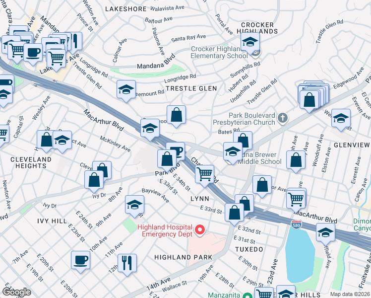 map of restaurants, bars, coffee shops, grocery stores, and more near in Oakland