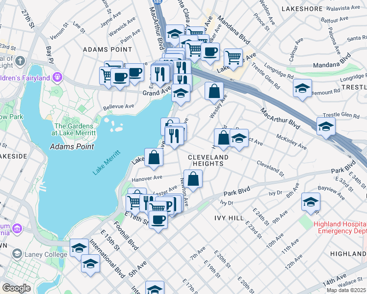 map of restaurants, bars, coffee shops, grocery stores, and more near 609 Brooklyn Avenue in Oakland