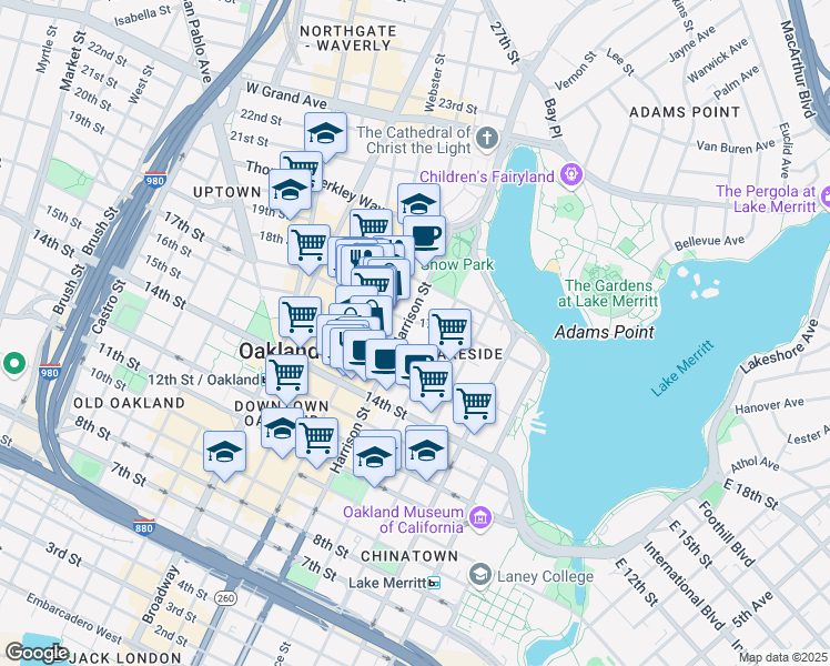 map of restaurants, bars, coffee shops, grocery stores, and more near 1500 Harrison Street in Oakland