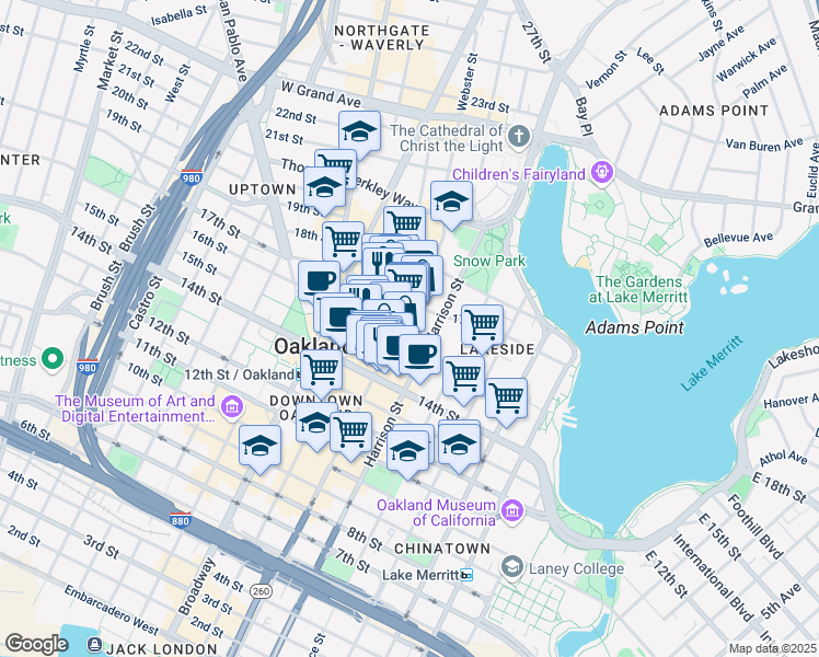 map of restaurants, bars, coffee shops, grocery stores, and more near 1508 Webster Street in Oakland
