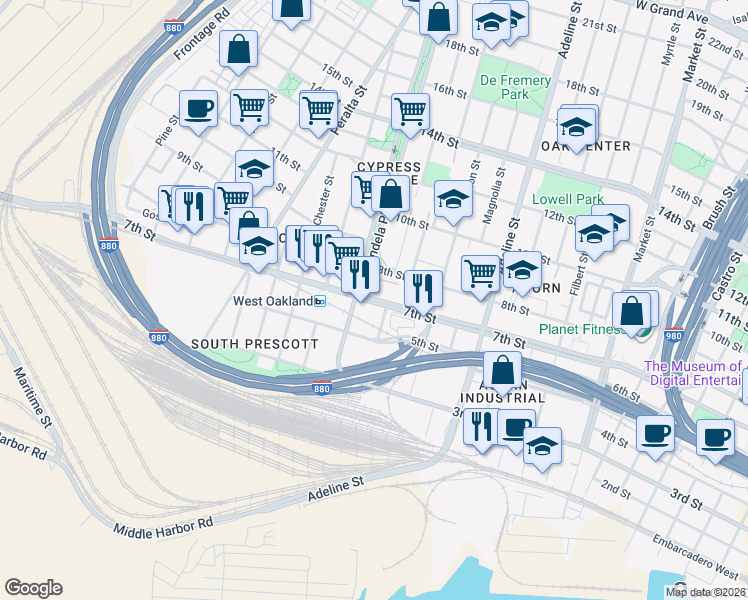 map of restaurants, bars, coffee shops, grocery stores, and more near 533 Kirkham Street in Oakland