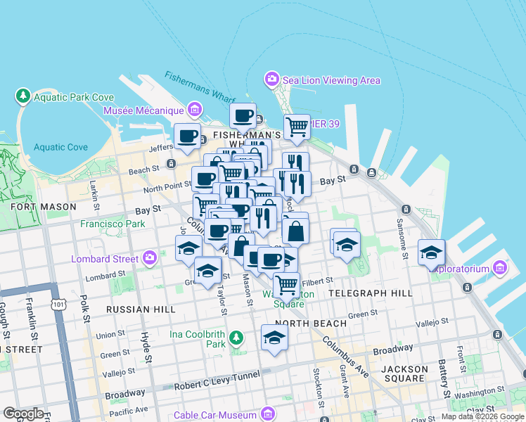 map of restaurants, bars, coffee shops, grocery stores, and more near 2141 Powell Street in San Francisco