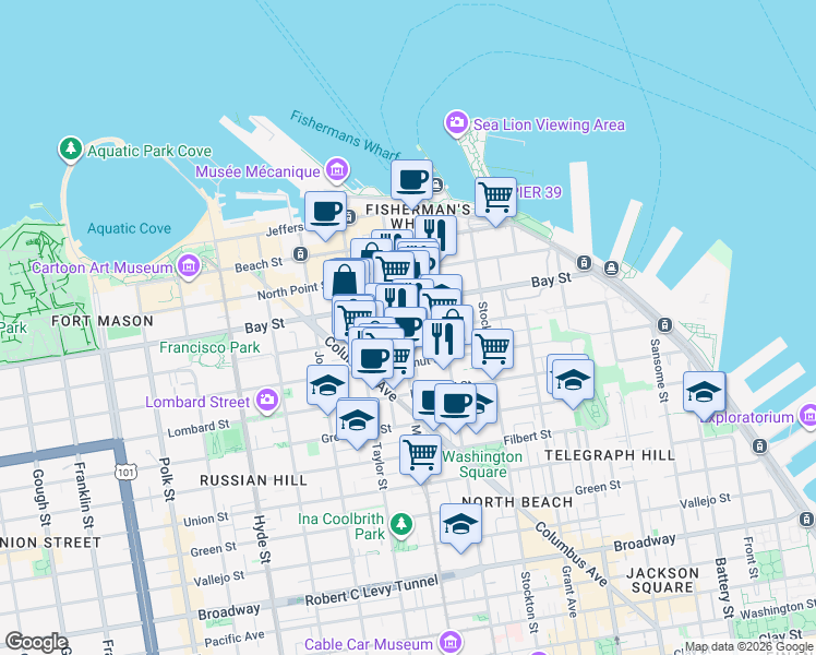 map of restaurants, bars, coffee shops, grocery stores, and more near in San Francisco