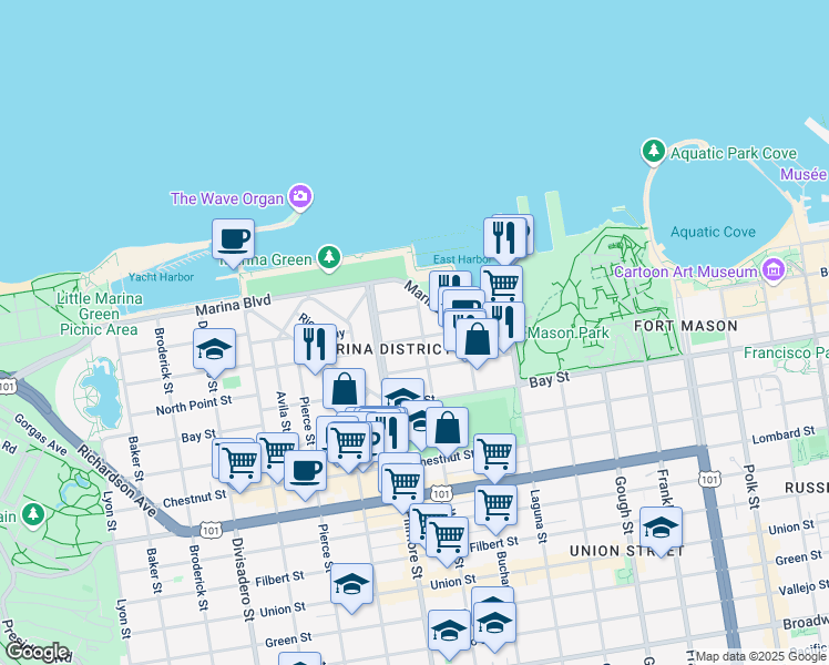 map of restaurants, bars, coffee shops, grocery stores, and more near 1631 Beach Street in San Francisco