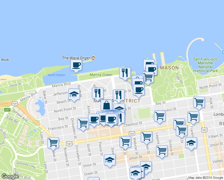 map of restaurants, bars, coffee shops, grocery stores, and more near in San Francisco