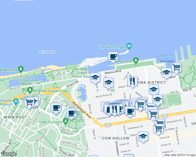 map of restaurants, bars, coffee shops, grocery stores, and more near 1981 Jefferson Street in San Francisco