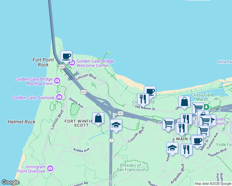 map of restaurants, bars, coffee shops, grocery stores, and more near 56 Crissy Field Avenue in San Francisco