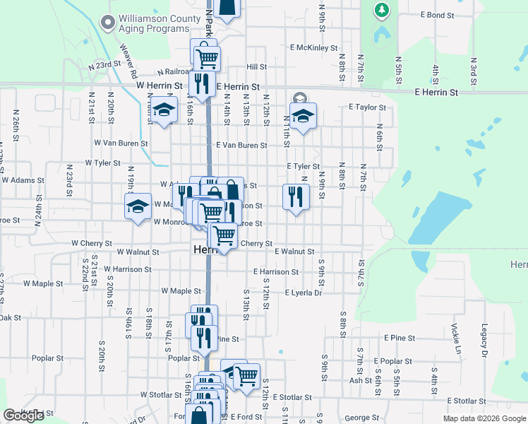 map of restaurants, bars, coffee shops, grocery stores, and more near 403 East Monroe Street in Herrin