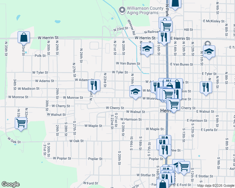 map of restaurants, bars, coffee shops, grocery stores, and more near 201 North 20th Street in Herrin