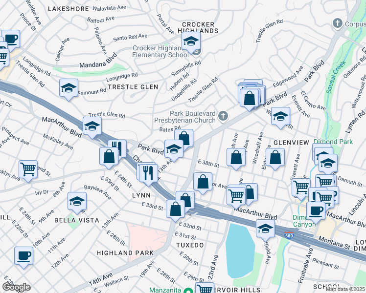 map of restaurants, bars, coffee shops, grocery stores, and more near 3793 Park Boulevard Way in Oakland