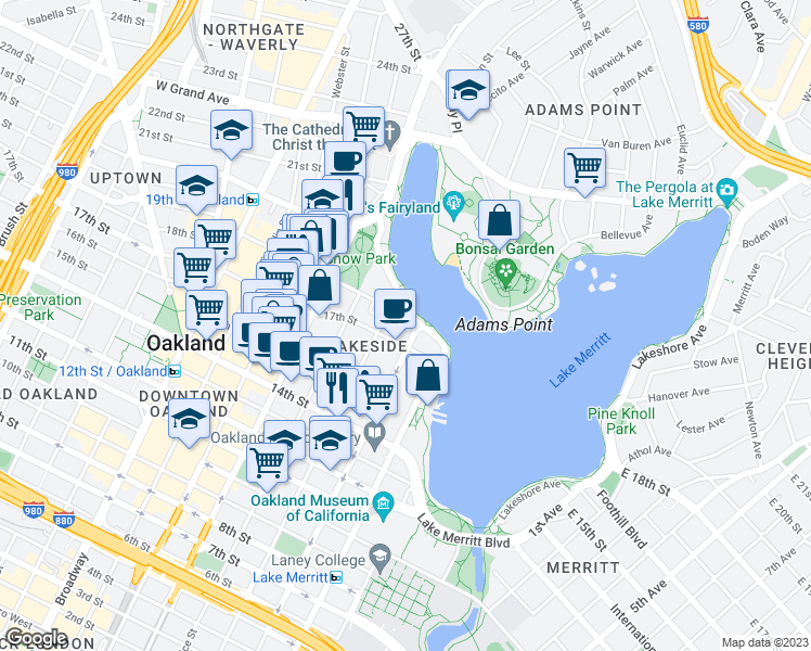map of restaurants, bars, coffee shops, grocery stores, and more near in Oakland