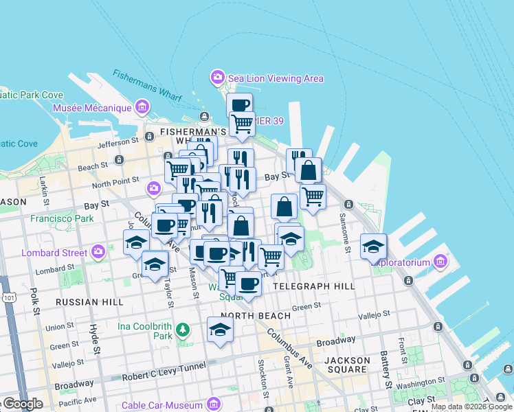 map of restaurants, bars, coffee shops, grocery stores, and more near 340 Chestnut Street in San Francisco