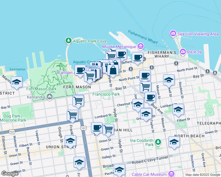 map of restaurants, bars, coffee shops, grocery stores, and more near 851 Bay Street in San Francisco