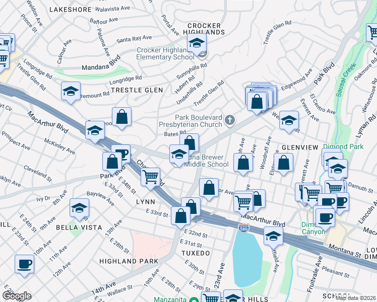 map of restaurants, bars, coffee shops, grocery stores, and more near 3800 Greenwood Avenue in Oakland