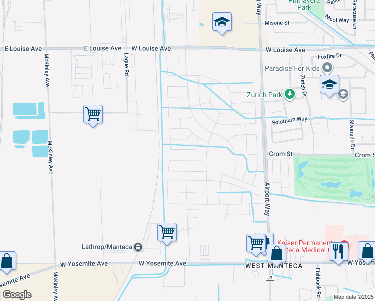 map of restaurants, bars, coffee shops, grocery stores, and more near 511 N Airport Way in Manteca