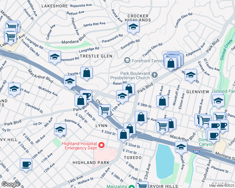 map of restaurants, bars, coffee shops, grocery stores, and more near 3746 Park Boulevard in Oakland