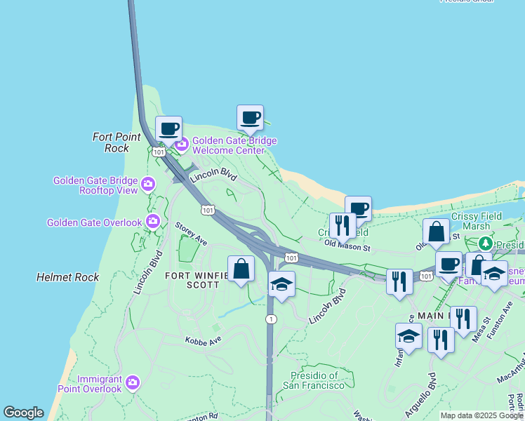 map of restaurants, bars, coffee shops, grocery stores, and more near 56 Crissy Field Avenue in San Francisco