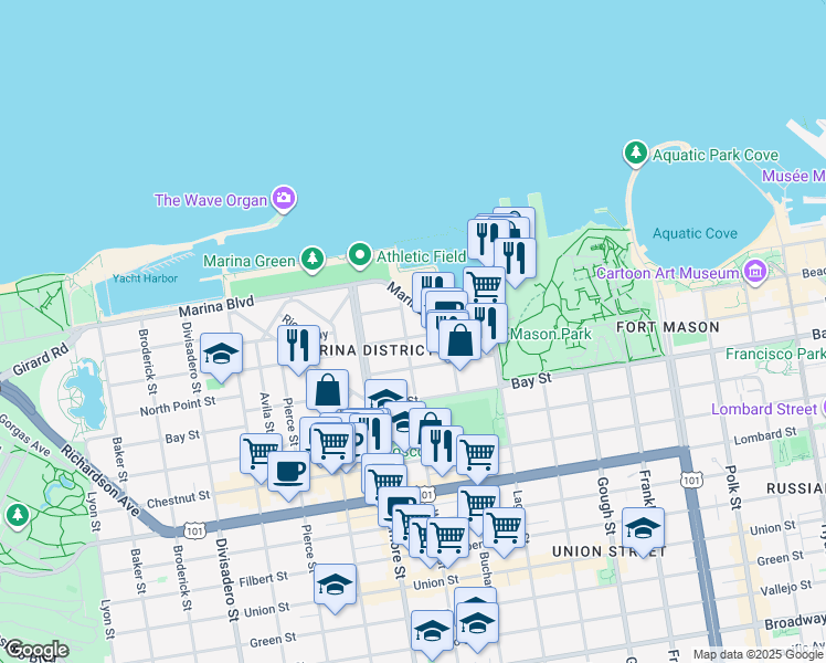 map of restaurants, bars, coffee shops, grocery stores, and more near in San Francisco