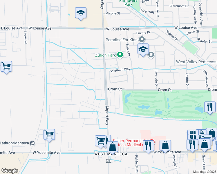 map of restaurants, bars, coffee shops, grocery stores, and more near 2083 Crom Street in Manteca