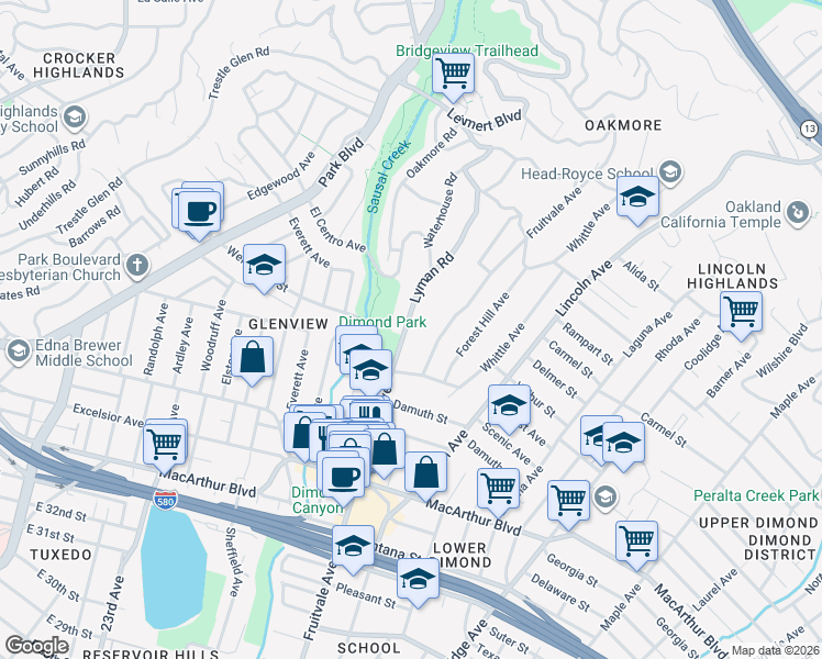 map of restaurants, bars, coffee shops, grocery stores, and more near 3836 Lyman Road in Oakland