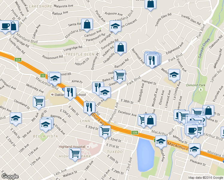 map of restaurants, bars, coffee shops, grocery stores, and more near 3850 Park Boulevard in Oakland